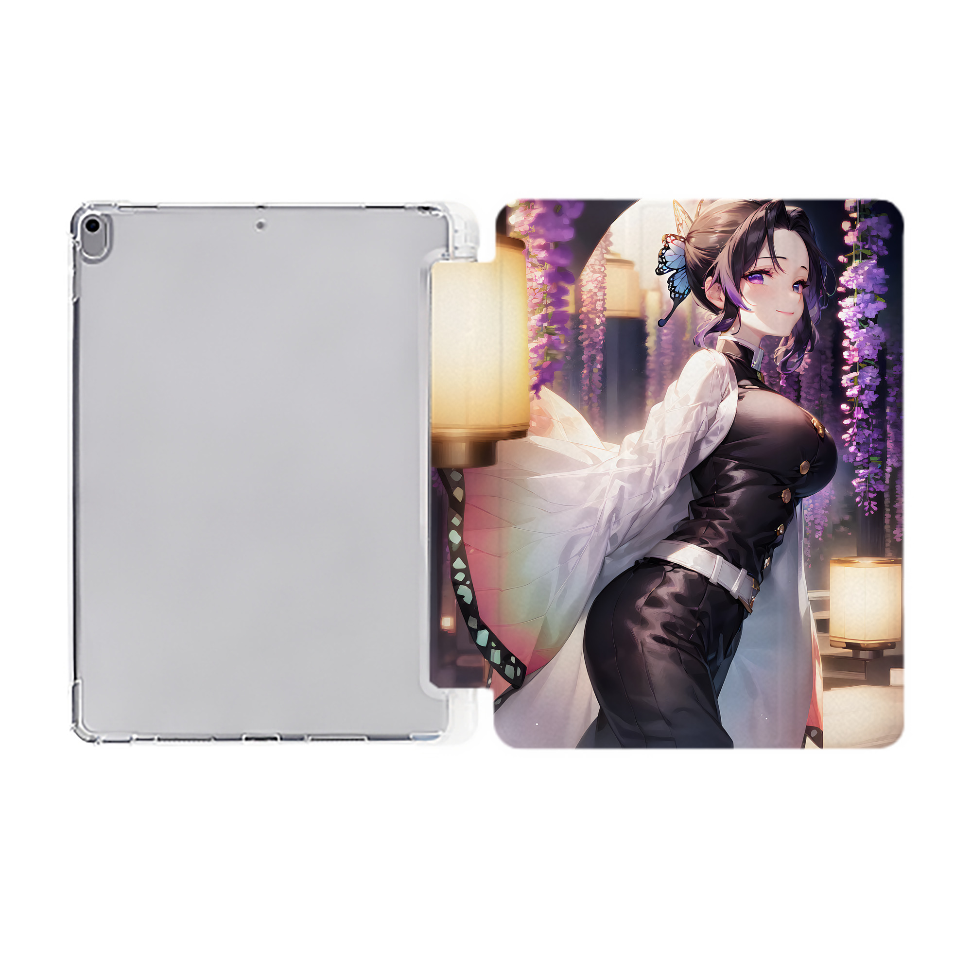 （画像用） 鬼滅の刃（きめつのやいば）蟲柱-胡蝶 しのぶ／こちょう しのぶ Kochou Shinobu IPad ケース ペン収納付き 三つ折りスタンド PUレザー×シリコン 対応機種9.5/10.5/10.9インチ